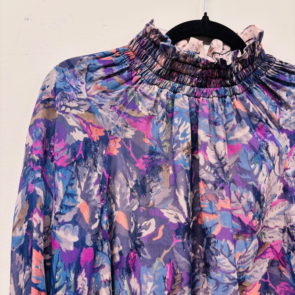 Rebecca Taylor Silk Metallic Floral Smocked Mock Neck Blouse Purple Blue Size 0 - Picture 2 of 8